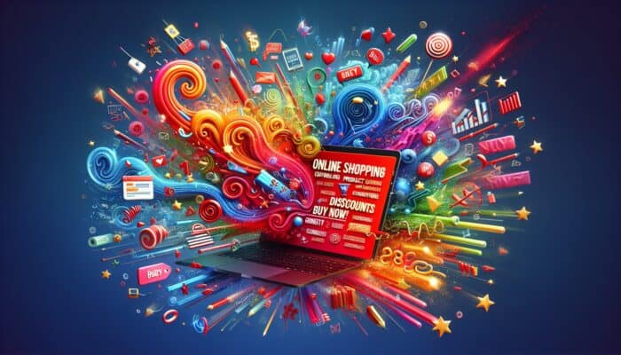 A laptop displaying an online shopping page with product descriptions, "Buy Now" buttons, discounts, and customer reviews on a vibrant background.