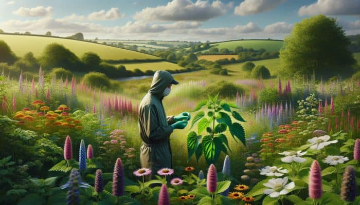 UK specialist with nettle leaves in a blooming countryside, symbolising natural allergy relief.