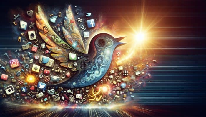 A vibrant collage of social media icons and illuminated '#' symbols representing hashtag trends.