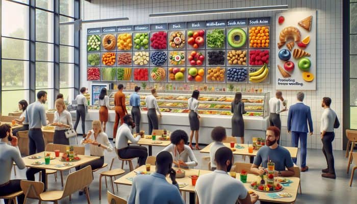 A bustling UK office cafeteria showcasing a variety of food options, including salads, fruits, and pastries, alongside wellness posters promoting healthy eating.