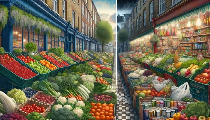 Contrasting affluent UK neighbourhoods with fresh produce markets against food deserts containing processed foods in lower socioeconomic areas.