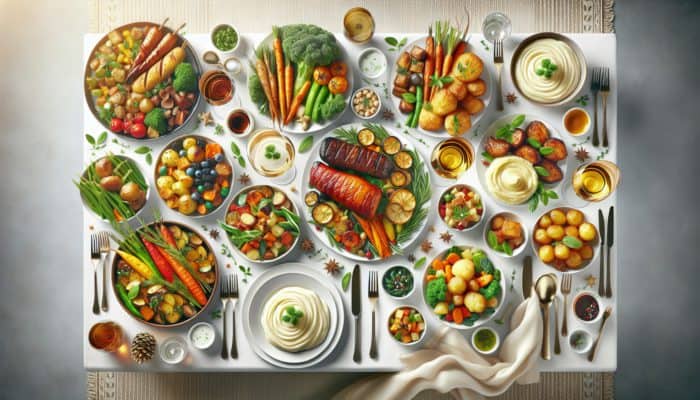 A festive table with dishes showing contrasting flavours and textures: sweet vegetables, savoury meats, creamy potatoes, crispy carrots, warm and cool options.