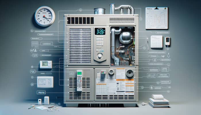 Furnace with clean filters, clear vents, lubricated parts, clutter-free area, thermostat, and carbon monoxide detector.