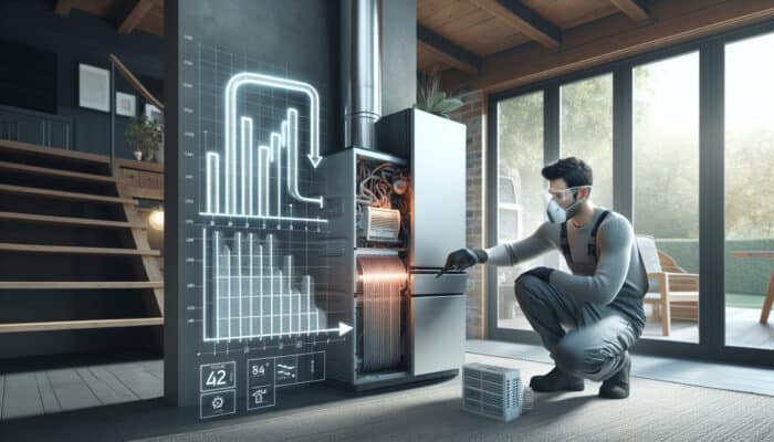 Technician replacing clogged air filter in furnace, reducing energy bills in Surrey home.