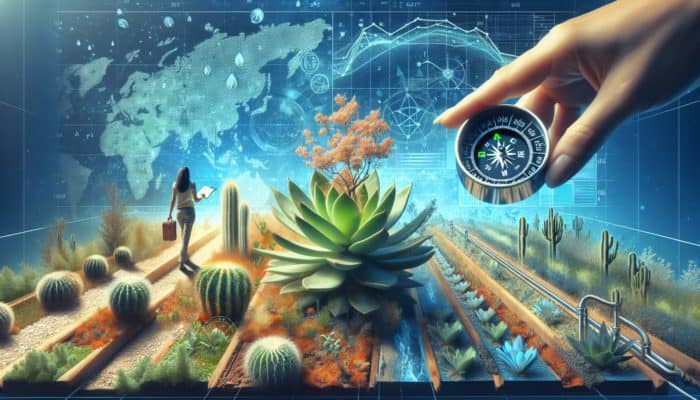 Drought-resistant plants and water-efficient irrigation system in a resilient landscape.