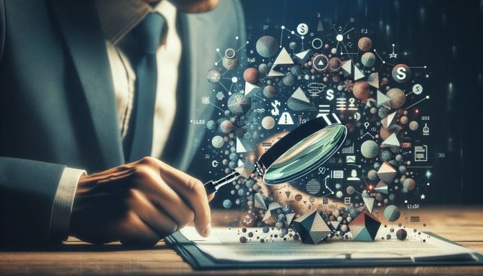 Person analysing financial document with magnifying glass, focusing on interest rates, repayment periods, and fees.