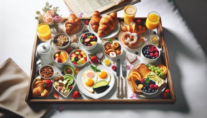 A romantic breakfast tray with scrambled eggs, croissants, fruit salad, pastries, and avocado toast, arranged beautifully.
