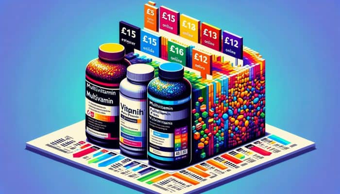 A chart showing price comparison of a multivitamin in the UK: £15 at supermarkets, £12 online.