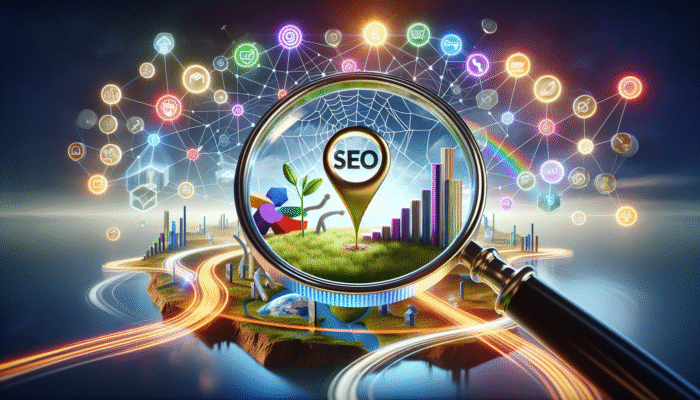 Best SEO Company in Yeovil, Somerset: A magnifying glass highlighting "SEO" and "ESSENTIAL" amidst icons of business growth and search rankings.