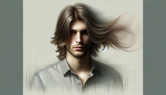 Man with long layered hair, showcasing volume and movement, presenting a casual style that softens facial features.