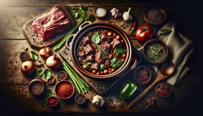 Top Winter Stew Recipes for Warmth: A rustic table with a stew in a clay pot, raw beef, lamb, herbs, and vegetables.