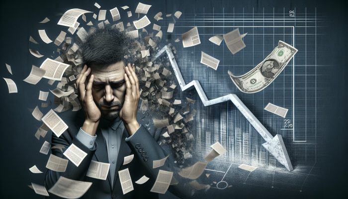 A person stressed by increasing debt, surrounded by financial documents, with a damaged credit score graph in the background.
