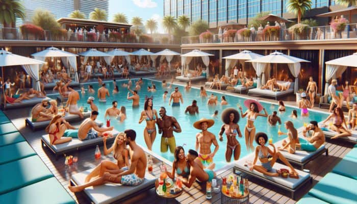 Top Vegas Events for Day-Drinking Fans: A lively Las Vegas pool party at a top hotel with colorful cabanas, DJ, and guests enjoying cocktails in the sun.