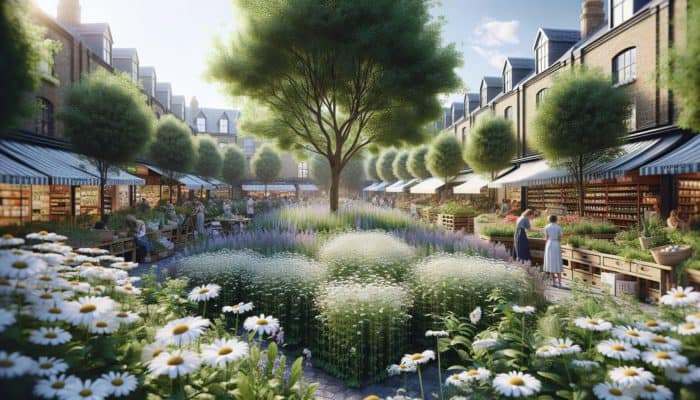 A UK garden with blooming organic German chamomile, nearby shops and a farmer's market selling chamomile products.