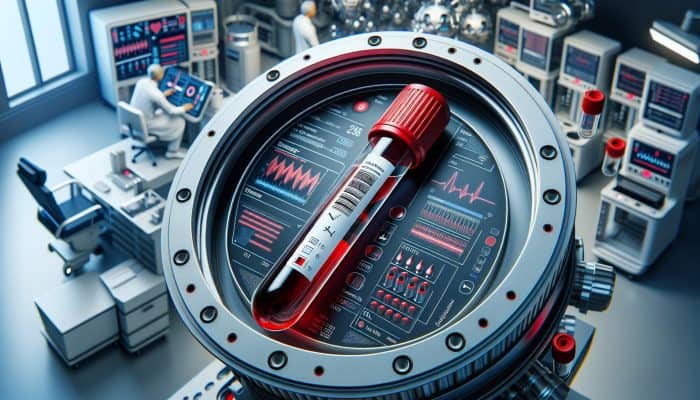 A blood sample tube labeled "Liver Function Test" being analyzed in a lab, with a doctor discussing results with a patient.