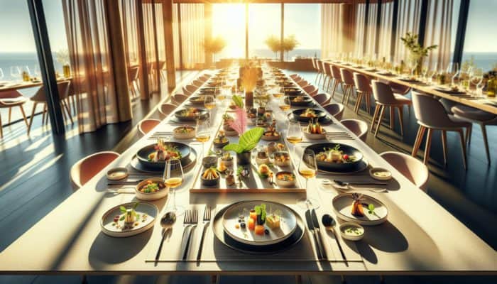 How to Create a Multi-Course Tasting Menu: A tasting menu table with Mediterranean and Asian fusion dishes, vibrant and elegantly presented in a sunlit modern dining room.