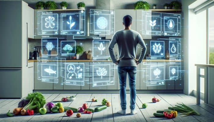 A person comparing plant-based diet apps on devices in a modern kitchen surrounded by fresh vegetables.