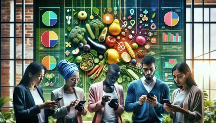 A diverse group using smartphones to read reviews on a plant-based diet app, with meals and charts on screens, in a green setting.