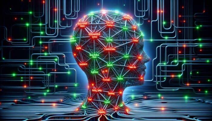 AI analysing network of backlinks, highlighting ethical connections in green and flagging spammy links in red.