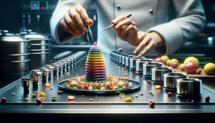 A chef using precision tweezers and ring moulds to create an intricate, towering dish.