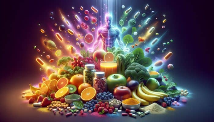 A vibrant selection of fruits, vegetables, and supplements representing essential micronutrients for muscle recovery.