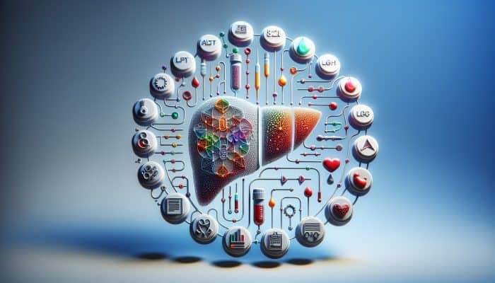 Liver Blood Test in Basingstoke: Illustration of liver function test vials labeled with ALT, AST, ALP, bilirubin, albumin, prothrombin time, GGT, LDH.