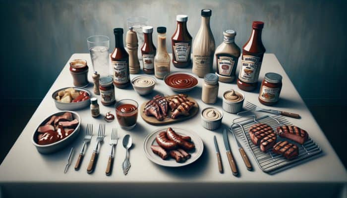 A table displaying Kansas City BBQ sauce in a jar, Alabama white sauce in a bowl, and a custom BBQ sauce in a bottle, with grilling tools and meats.