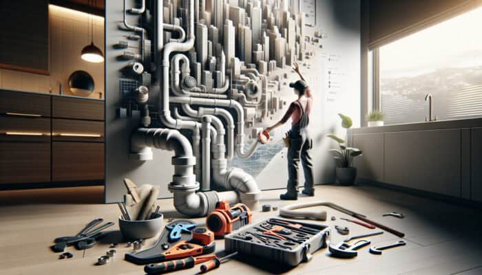 A plumber inspecting a clogged drain in a modern Port Moody home, with tools and pipes visible.