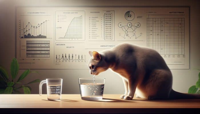 A senior cat drinking from a clear bowl, with a hydration tracking chart and measuring cup nearby in a cosy home.