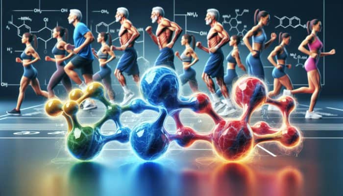 Illustration of leucine, isoleucine, and valine aiding muscle growth in ageing fitness enthusiasts.