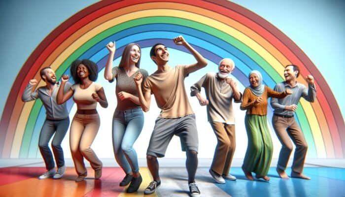 A vibrant collage of individuals joyously dancing in a TikTok trend, evoking nostalgia and community spirit.