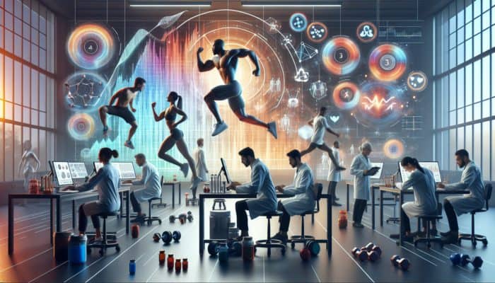 Scientists analyzing creatine's effects on muscle power, with athletes training and performance charts.