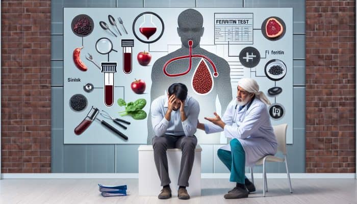 A fatigued person discussing ferritin test with healthcare provider, medical charts and iron-rich foods in background.