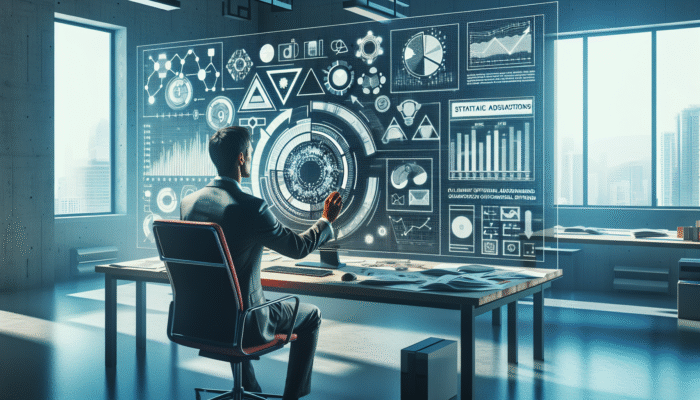 A person updating articles on a computer, analysing graphs and trends in a modern office.