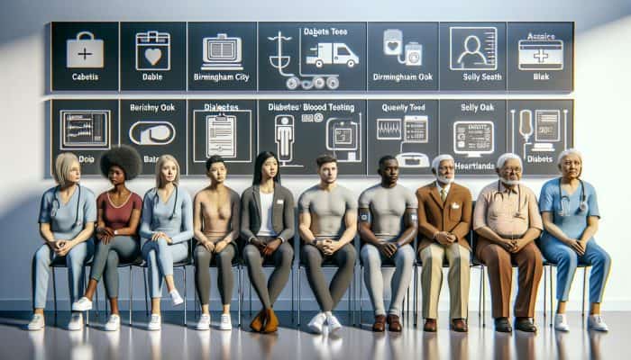 Diverse group waiting in modern NHS clinic in Birmingham for diabetes blood testing at four hospitals, staffed by caring professionals.