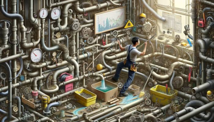 A plumber in White Rock working on drainage system with visible pipes, tools, and price tags from $150 to $5,000.