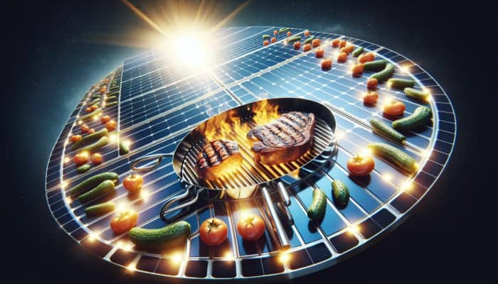 Solar grill using polished reflectors to focus sunlight, cooking steaks and vegetables.