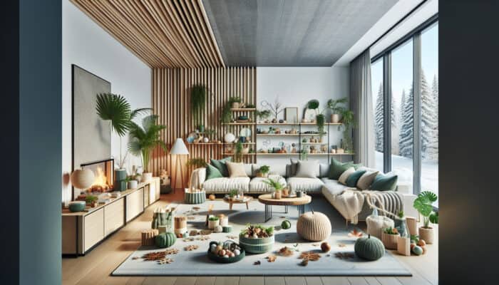 Modern living room with sustainable winter decor and eco-friendly furniture, highlighting eco trends in house clearance.