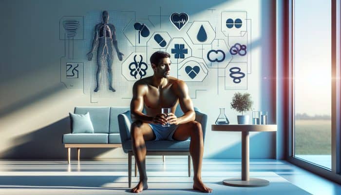 A person fasting, holding water, with medications and doctor's note on table, preparing for kidney blood test.