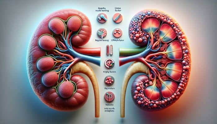 Illustration of healthy and diseased kidneys with charts showing benefits of regular testing and lifestyle choices.