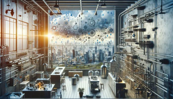 Commercial Plumbing Services in Vancouver: A bustling commercial kitchen in Vancouver with customized plumbing systems managing water and waste, diverse weather outside.