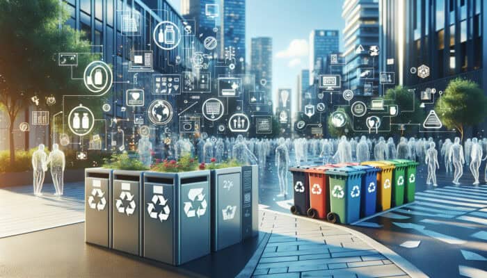 Color-coded recycling bins near building entrances in a busy urban area, with educational signage for seasonal event waste sorting.