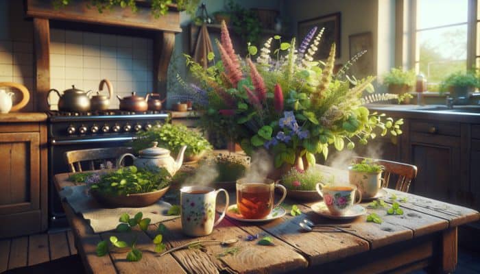 Cozy UK family kitchen with steaming herbal teas, fresh herbs, and flowers on a rustic table.