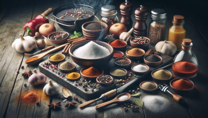 A still-life of BBQ rub ingredients, showing fresh and stale spices and salt, on a rustic table with grilling tools.