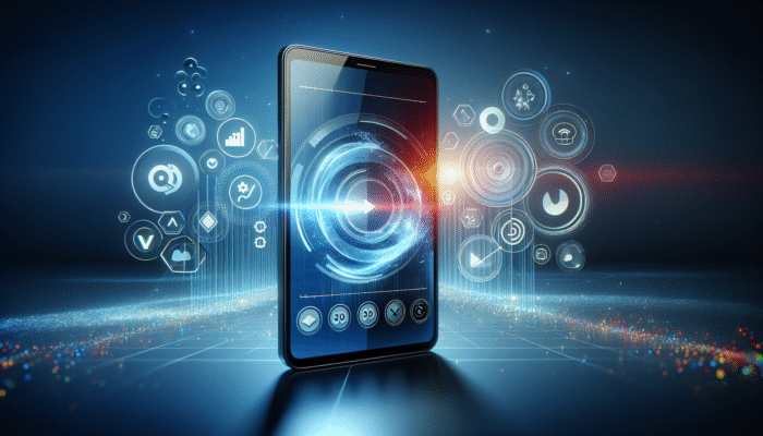 A smartphone displaying a video, surrounded by optimisation icons and graphs on a modern backdrop.