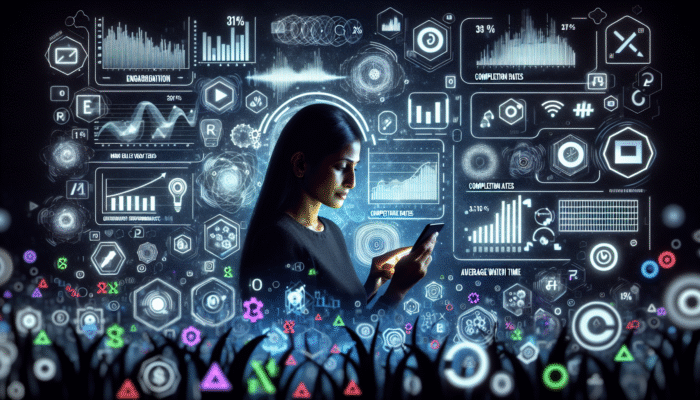 Individual analysing mobile video performance on a smartphone, with graphs depicting engagement, completion, and watch time through Google Analytics.