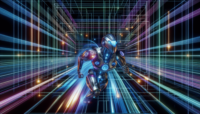 A futuristic robot navigating a grid of glowing URLs, symbolising optimized SEO crawl budget with speed indicators.