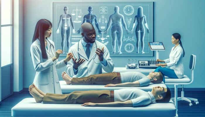 A modern acupuncture clinic where experts discuss weight loss advantages, patients receiving treatment, and efficacy metrics.