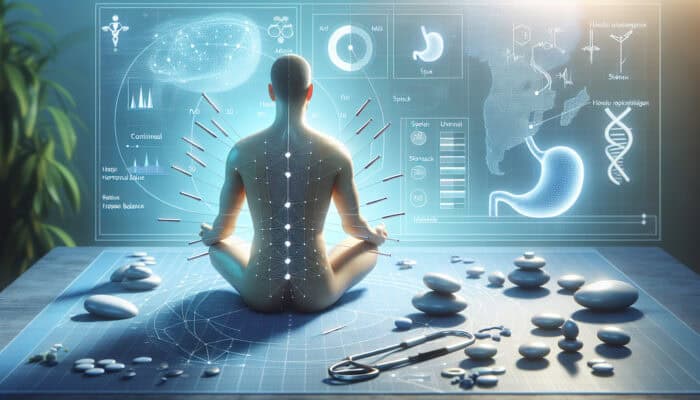 Acupuncture session aimed at metabolism with needles placed on spleen and stomach points, clinical setting featuring hormonal diagrams.