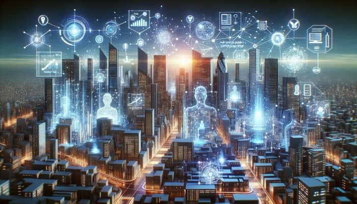 Futuristic UK cityscape with AI advisors and blockchain networks for advanced debt consolidation services.